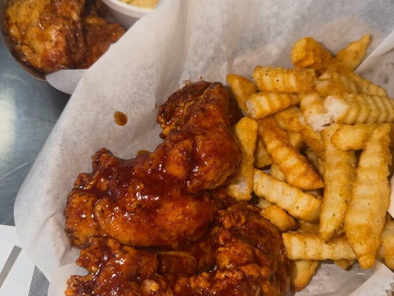 BBQ tenders with mild spice and a side of fries